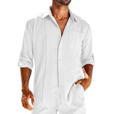 Casual Long Sleeve Shirt With Pocket Lace Polo Collar Solid Color Button Mens Clothing Set / 3XL-White-4