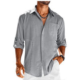 Casual Long Sleeve Shirt With Pocket Lace Polo Collar Solid Color Button Mens Clothing Set / 3XL-Gray-5