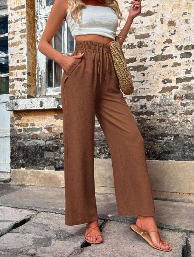 Casual Pants With Pockets Elastic Drawstring High Waist-Dark Brown-3