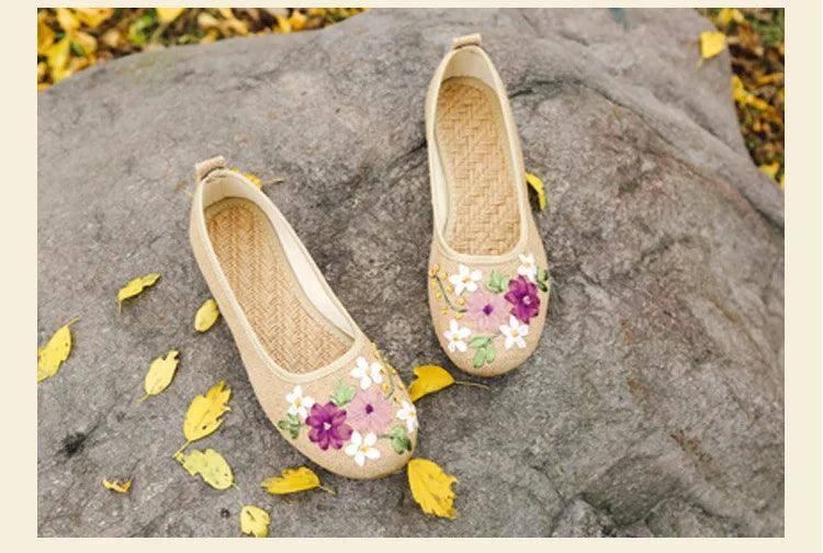 Vintage Flats Flower Slip On Cotton-Beige-8