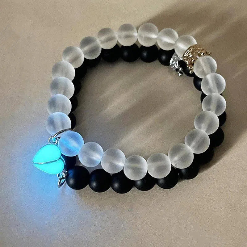 Fashion Jewelry 2pcs Handmade Crown Beaded Charms Bracelet Luminou Heart Glow In The Dark Couple Bracelet For Lover Men Women Fluorescent Gift-2