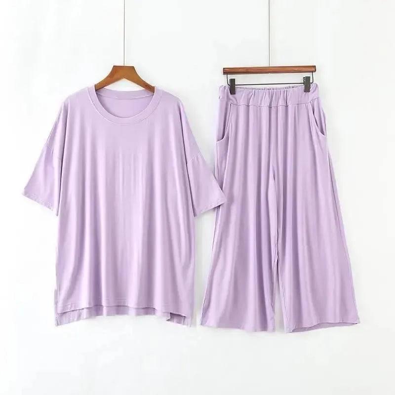 Plus Size 7XL 150KG Women Modal Pajamas Sets Spring Summer Short Sleeve Top and Calf-Length Pants Women Soft Sleepwear Suit-1