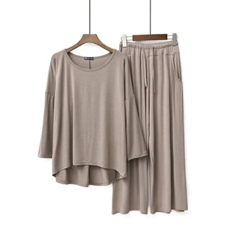 Plus Size 7XL 150KG Women Modal Pajamas Sets Spring Summer Short Sleeve Top and Calf-Length Pants Women Soft Sleepwear Suit-champagne-11