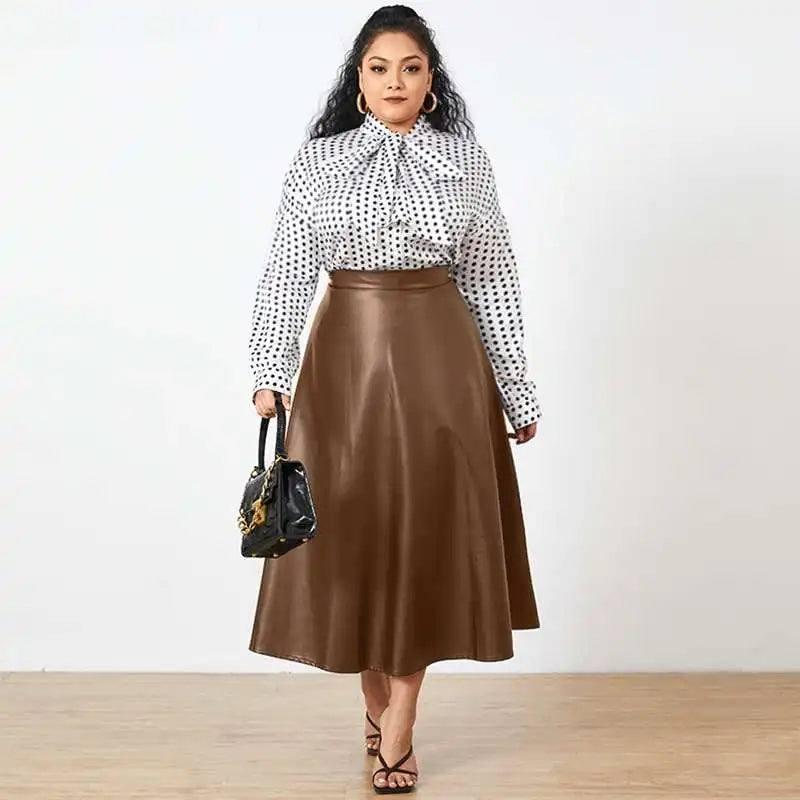 Chic Plus-Size Polka Dot Blouse and Leather Skirt-Khaki-9