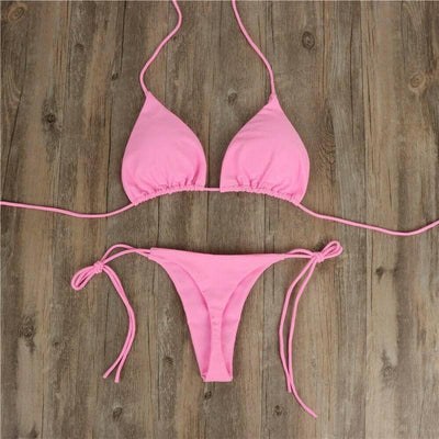 Halter Neck Tie-Up Swimwear Set-Pink-5