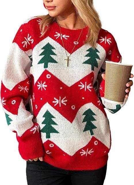 Christmas Tree Jacquard Women's Casual Long-sleeved Sweater-Red-7