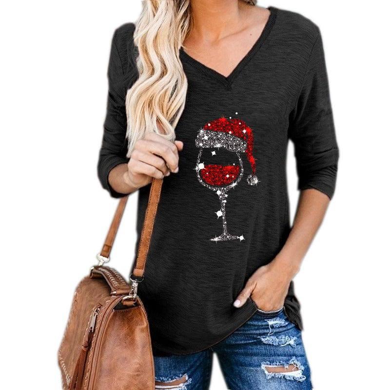 Christmas Wine Glass Print Plus Size Women Clothing-Black-7