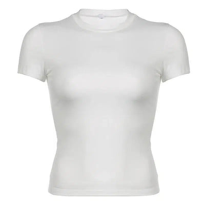 CIBBAR Basic Solid Crop Top Short Sleeve Crewneck Skinny-WHITE-8