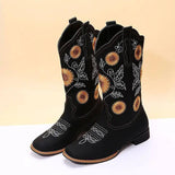 Cowboy Boots Women Sunflower Embroidery Shoes Low Heel-Black-8