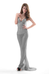 Tulle Backless Evening Gown-Silver-4