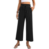 Drawstring High Waist Straight Pants Summer Casual Solid Beige / XL-Black-5