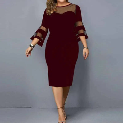 Spring Summer Elegant Fashion Lace Patchwork Plus Size Dresses Women Evening Party Vestidos Solid Bodycon Robe Femme-Burgundy-7