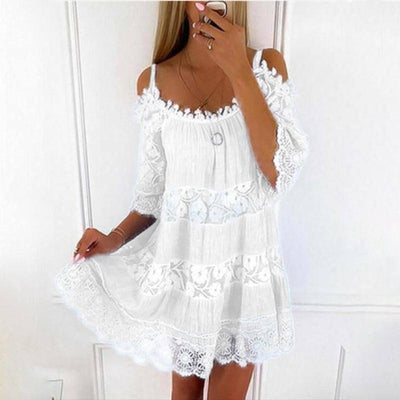 Elegant Off-Shoulder Princess Lace Dress-Ivory White-11