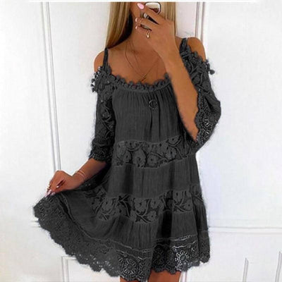 Elegant Off-Shoulder Princess Lace Dress-Black-5