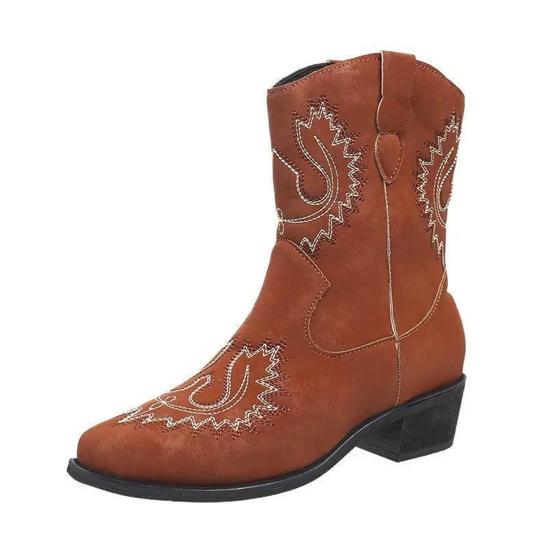 Embroidery Western Boots Chunky Mid Heel Cowboy Boots Women-Dark brown-5