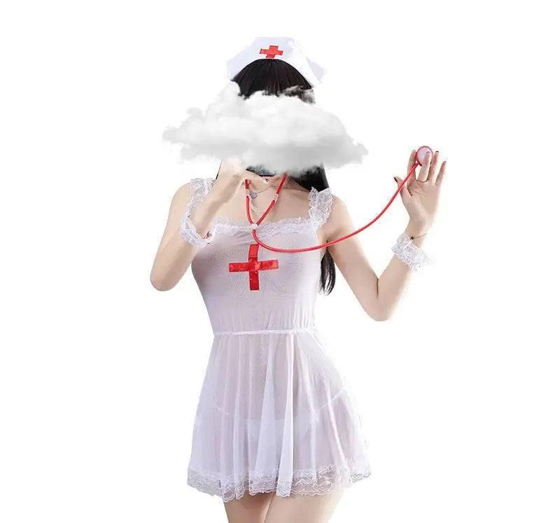 Erotic Lingerie Nurse Uniform Transparent Mesh Nightdress-White-2