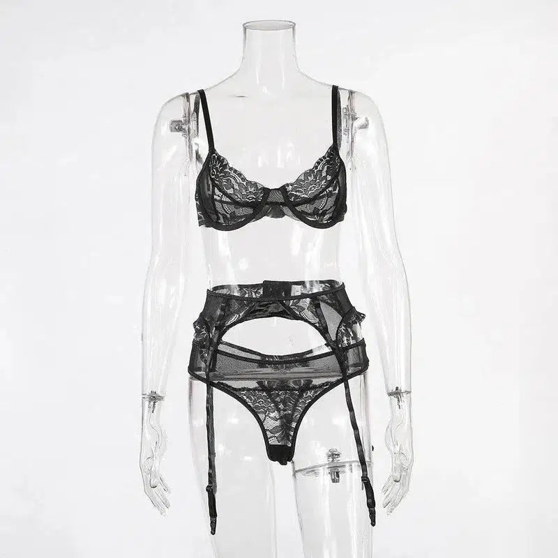 European and American lingerie lace three-piece women-Black-3