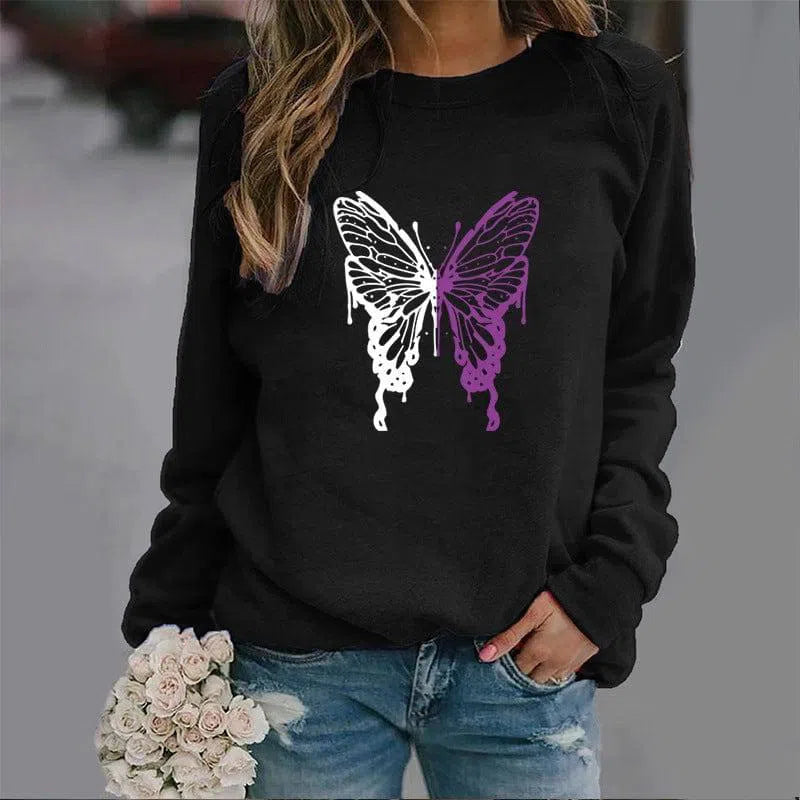 Fashion Colorized Butterfly Round Neck Sweater Printed-Black-3