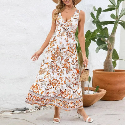 Fashion Floral Print V-neck Dress Summer Slim Fit Sleeveless Long Dress-Orange-10