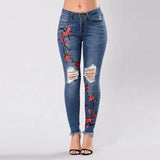 LOVEMI - Fashion hole embroidered high-elastic denim women's trousers