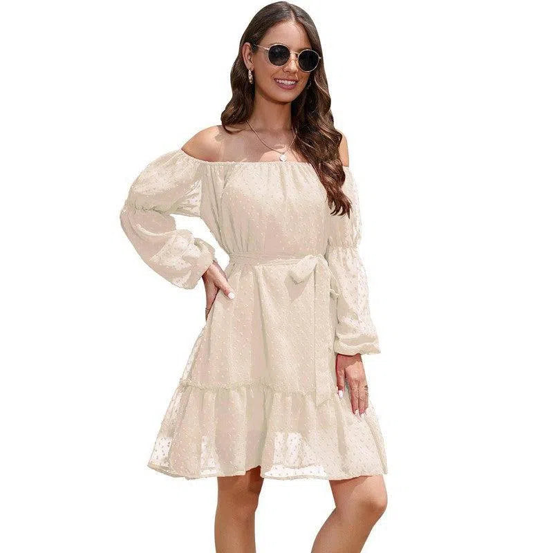 Fashion One-shoulder Long Sleeve Dress For Women Tie Waist Off-shoulder Bubble Dot Ruffle Design Chiffon Dress-Apricot-3