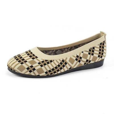 Fashion Plaid Print Flats Shoes New Fashion Casual Breathable Slip On Round-toe Shoes For Women-Beige-6