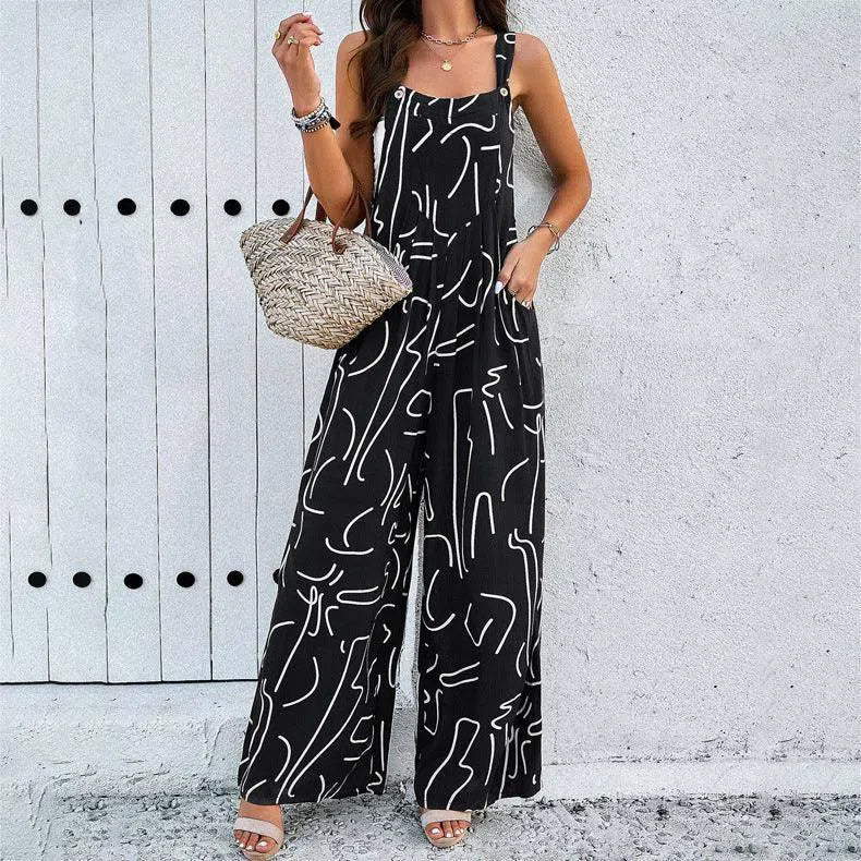 Fashion Print Square Neck Jumpsuit With Pockets Spring Summer Casual Loose Overalls Womens Clothing-Black-2