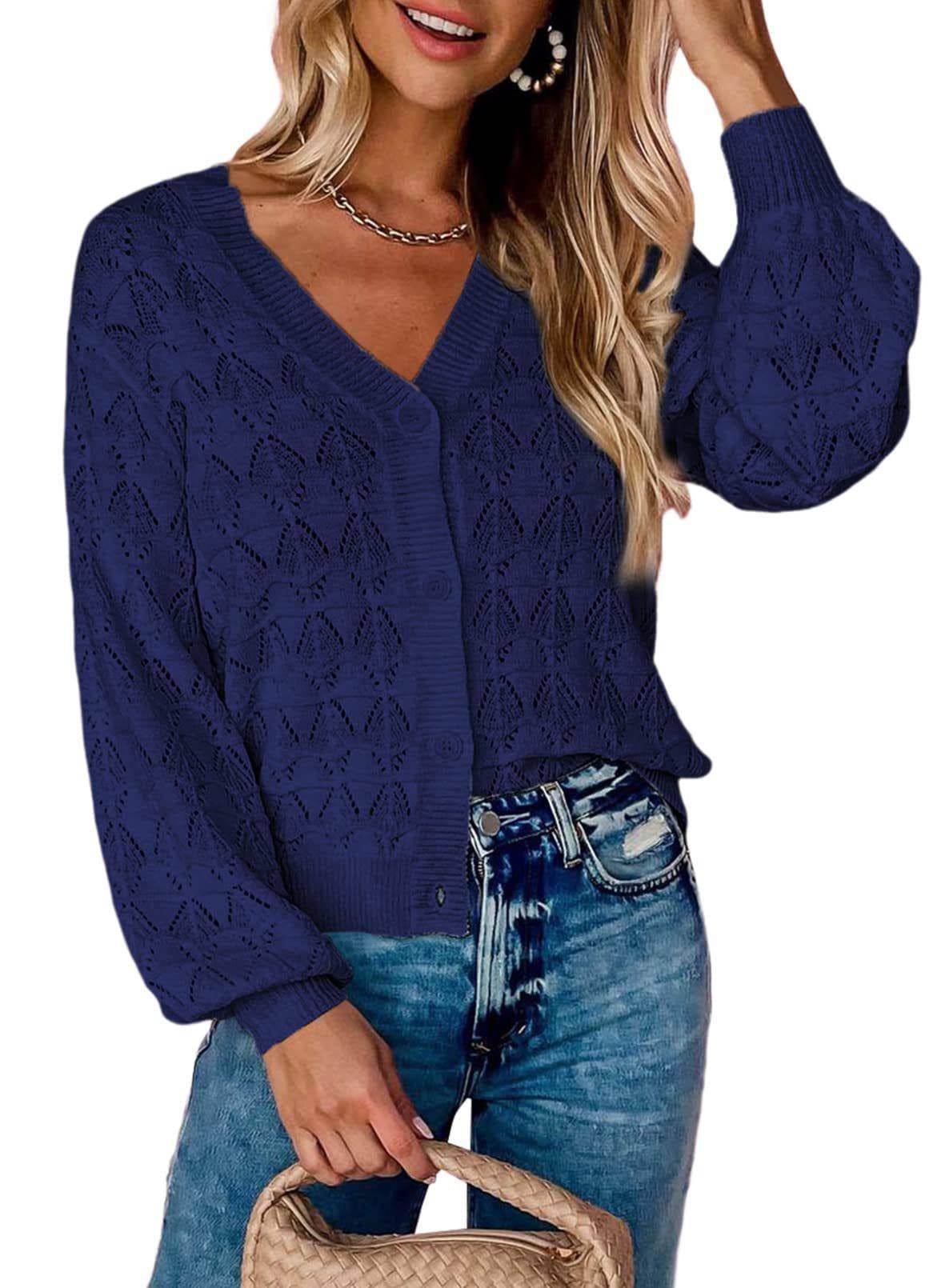 Fashion Short Cardigan Knitted Sweaters Women Autumn And-Navy Blue-6