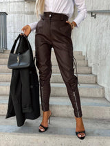 Fashion Slim-fitting Leather Trousers Women Waist-cinching-Dark Brown-5