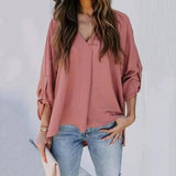 Fashion Solid Color V-Neck Long-Sleeved Casual Loose Shirt-Red-4