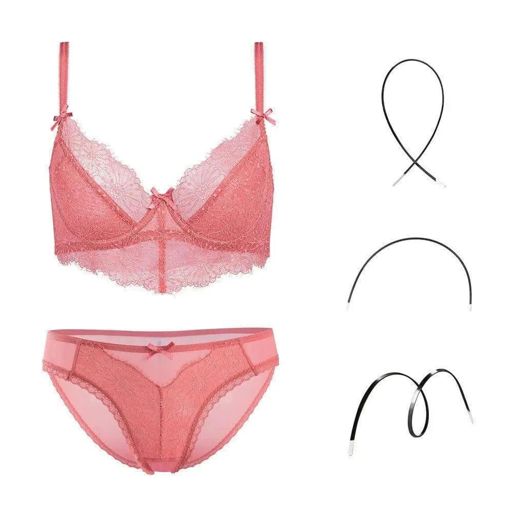 Fashion Transparent Women Bra And Panties Set Embroidery-Pink-5