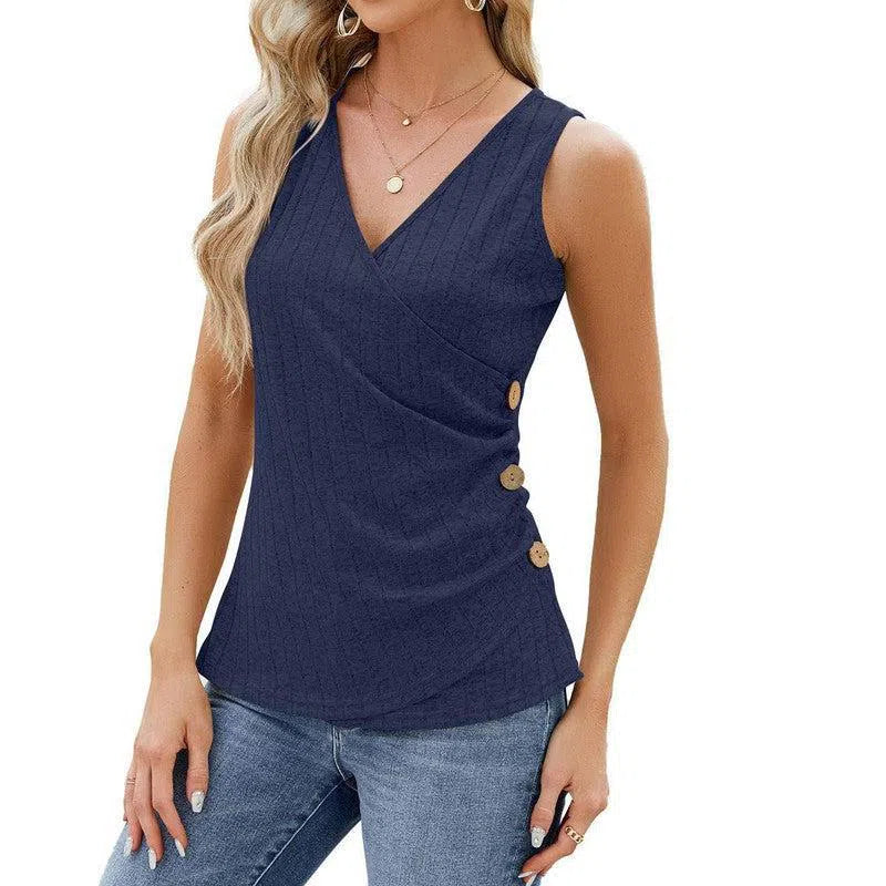 Fashion Vest With Button Design New Sleeveless V-neck T-shirt Solid Color Tank Tops Summer Women's Clothing-Navy Blue-6