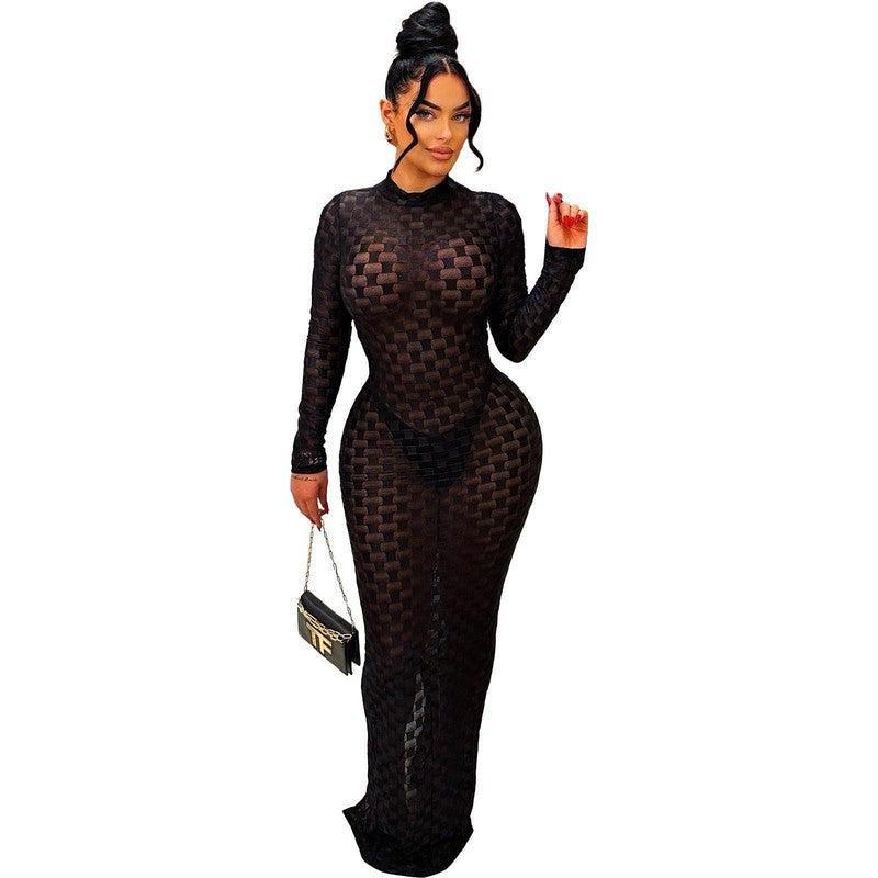 Fashionable and see-through round neck long sleeve slit-Black-2