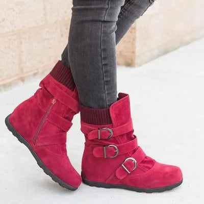 Flat large size short boots women thick cotton boots-Red-5