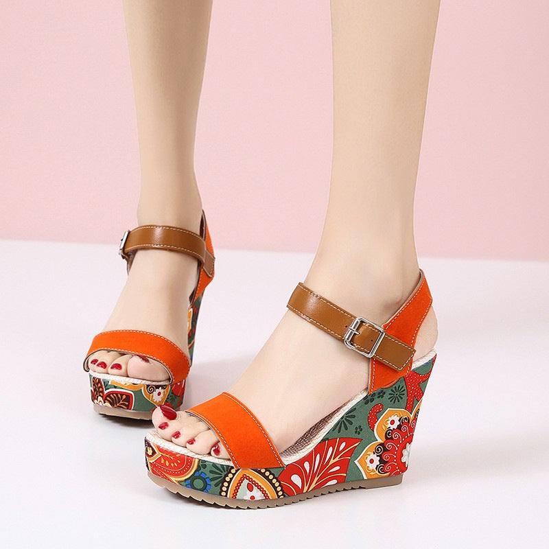 Floral Embroidered High Wedge Sandals-Orange-3