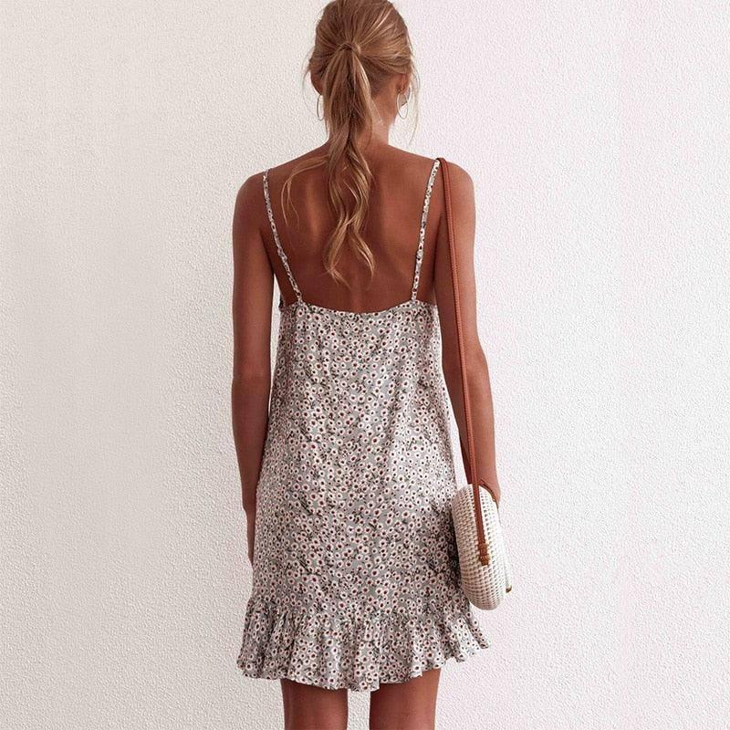 Floral Print Summer Dress Women V Neck Sleeveless Spaghetti-3