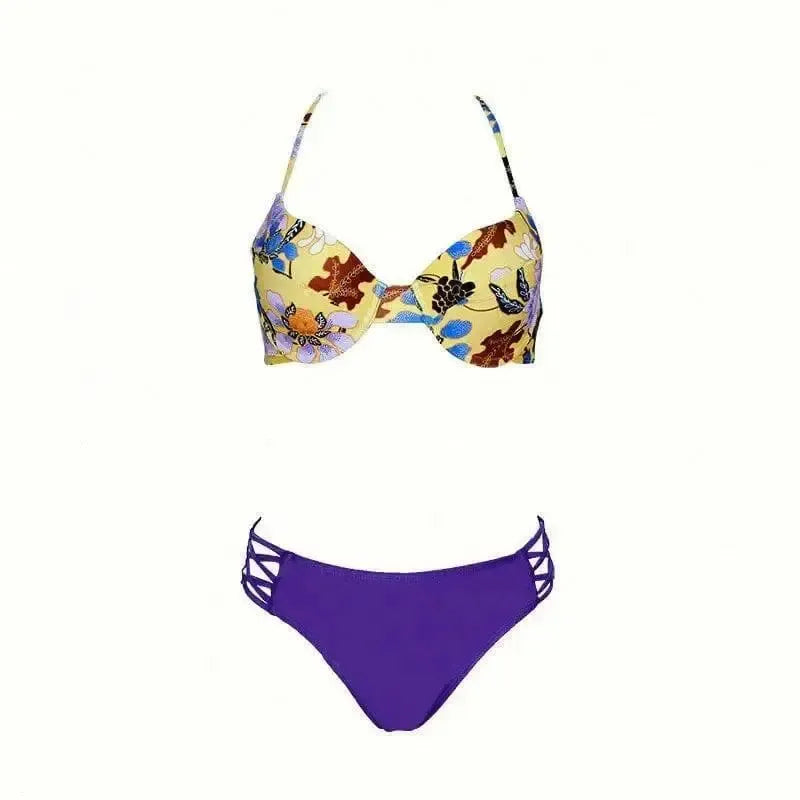 Flower bikini strap solid color hard cover swimsuit-5