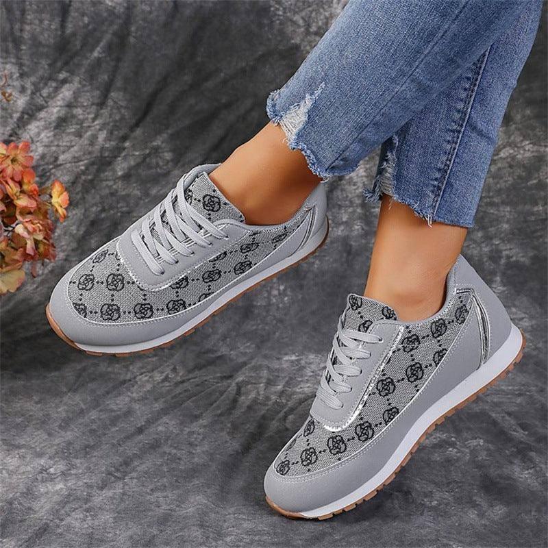 Flower Print Lace-up Sneakers Casual Fashion Lightweight Breathable Walking Running Sports Shoes Women Flats-Grey-7