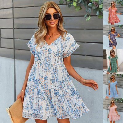 Flowers Print Short-sleeved Dress Summer Loose Chiffon-1