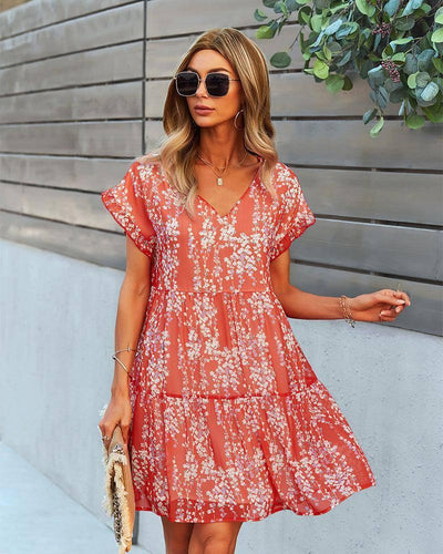 Flowers Print Short-sleeved Dress Summer Loose Chiffon-Red-2