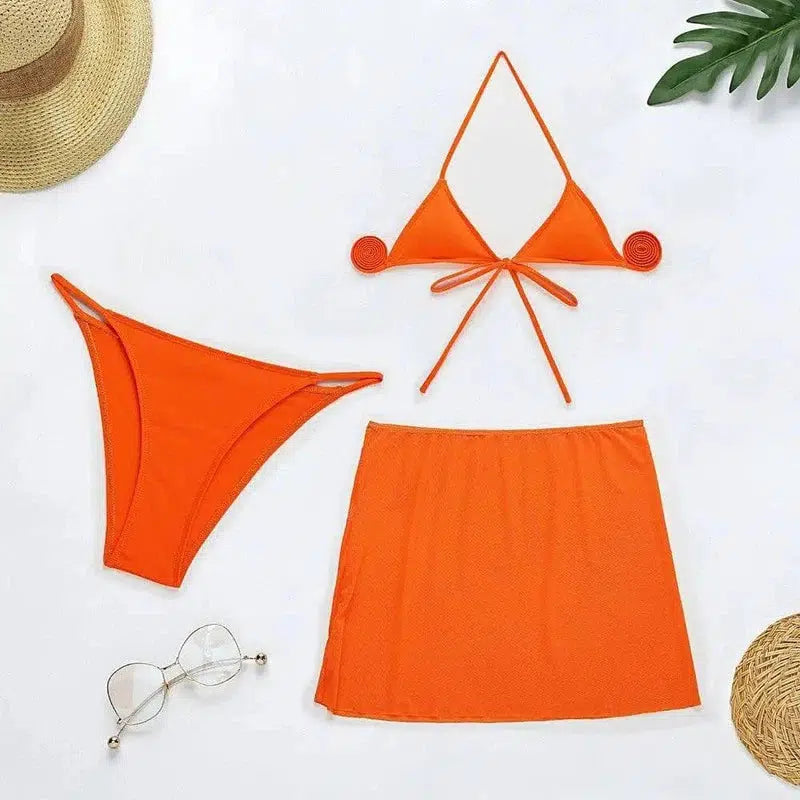 Fluorescent Color Three-piece Swimsuit Bikini Set-Orange-1