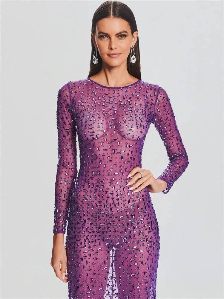 Sparkly Long Sleeve Maxi Dress-PURPLE-5