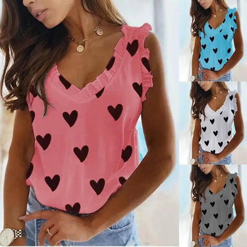 Heart Print V-Neck Ruffled Pleated T-Shirt Top-1