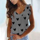 Heart Print V-Neck Ruffled Pleated T-Shirt Top-Grey-2