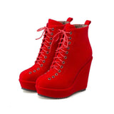 High-heeled Sponge Cake Was Thin Suede Lace-up Martin Boots-Red-3