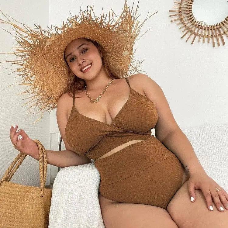 High Waist Solid Color Plus Size Swimsuit Bandage-Brown-6