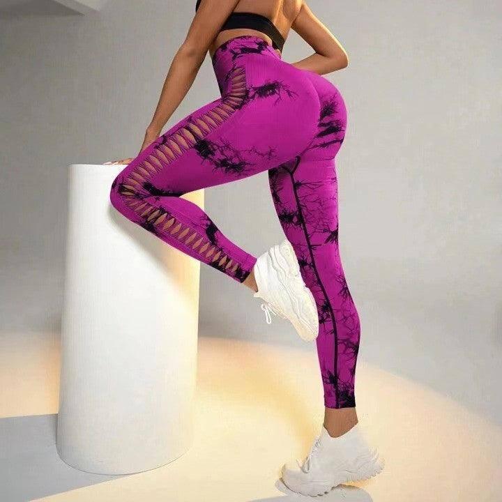 Hollow Tie Dye Printed Yoga Pants High Waist Butt Lift Seamless Sports Gym Fitness Leggings Slim Pants For Women Tight Trousers-8