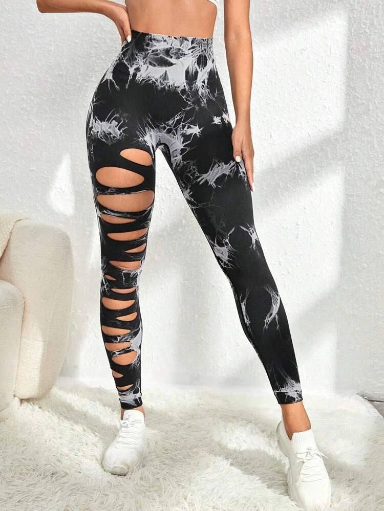 Hollow Tie-dye Yoga Pants High Waist Hip Lift Fitness Pants-Tie Bleached Black-13