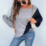 Irregular Color Matching Off-shoulder Sweater Women-Grey-4