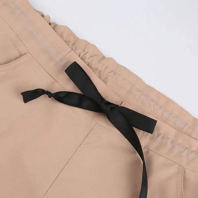 Khaki Sweet Cool Sexy Zipper Pocket Stitching Tied Casual-3